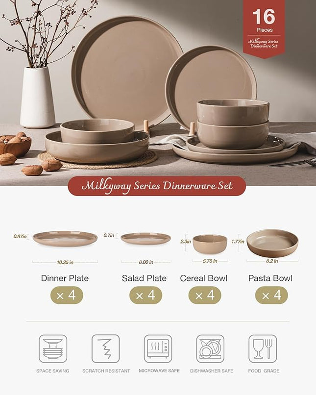 Famiware Milkyway Stoneware Dinnerware Sets with Pasta Bowls, Service for 4 (16 Pieces), Plates and Bowls Sets -Scratch Resistant, Microwave and Dishwasher Safe Dishes Set, Cinnamon Brown