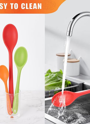 3 Pcs Silicone Spoons Set of 7.9 10.6 14.2 inch for Cooking, Heat Resistant Kitchen Spoons for Mixing, Stirring, and Serving, Small to Large Non Stick (Red & Orange & Green)