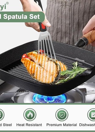 Beijiyi Stainless Steel Spatula Set, Heavy Duty Small Metal Spatula for Cooking Cast Iron Skillet with Silicone Handle - Griddle Grill Kitchen Spatula Flipper for Pancake, Fish, Smash Burger and Egg