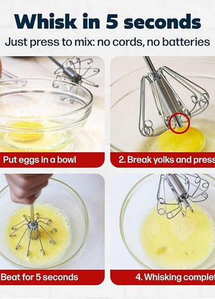 14 Inch Stainless Steel Hand Whisk - Durable & Easy to Use Push-Down Zip Whisker - Rotary Hand Mixer for Beating Eggs, Frothing Milk, Blending, Mixing, Whipping Smoothies & Shakes - Kitchen Tools