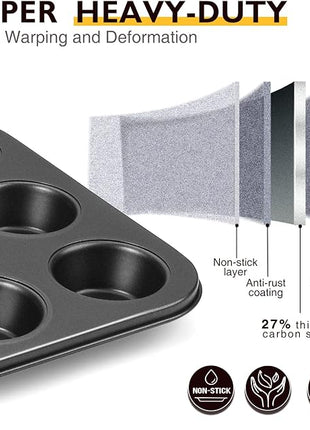HONGBAKE Muffin Pan for Baking, Nonstick Cupcake Tin 12 Cup, 2 Pack Cup Cake Tray, Premium Cheesecake Pans, Dishwasher Safe - Dark Grey