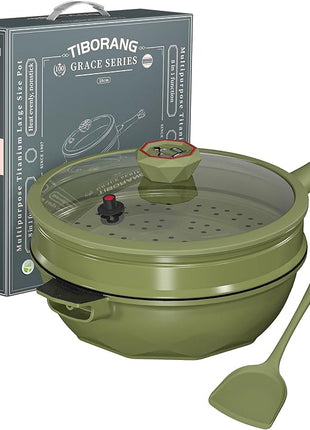 TIBORANG 8 in 1 Multipurpose 11 Inch 5 Quart Heat Indicator Nonstick Deep Frying Pan with Glass Lid,Steamed Grid,PFOA-Free,Dishwasher&Oven Safe,Works with All Stovetops (Olivedrab)