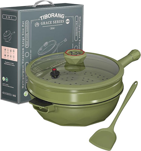 TIBORANG 8 in 1 Multipurpose 11 Inch 5 Quart Heat Indicator Nonstick Deep Frying Pan with Glass Lid,Steamed Grid,PFOA-Free,Dishwasher&Oven Safe,Works with All Stovetops (Olivedrab)