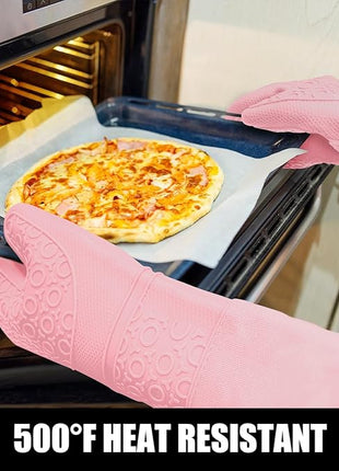 Rorecay 6pcs Oven Mitts and Pot Holders Sets for Kitchen, Extra Long Non-Slip Silicone Oven Gloves Heat Resistant 500 Degrees Potholders Hot Pads for Baking Cooking, Quilted Liner, Pink