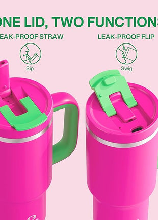 32 oz Tumbler with Handle and Straw: Stainless Steel Insulated Tumbler Keeps Cold for 24 Hours, Leakproof Travel Cup Fits in Cup Holder and BPA-Free,Knockout Pink