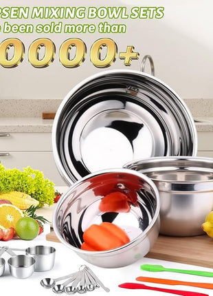 Mixing Bowls with Lid Set, 27PCS Kitchen Utensils Metal Bowl Stainless Steel Nesting Bowls, Measuring Cups and Spoons, Egg Whisk for Baking