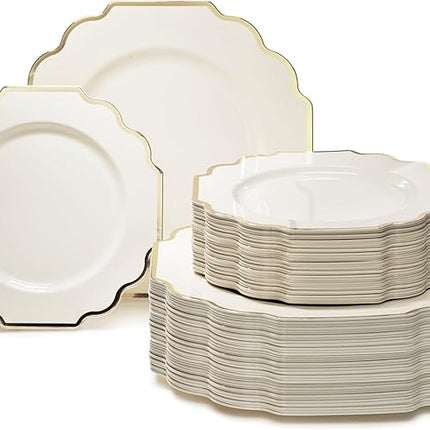 " OCCASIONS " 120 Plates Pack,(60 Guests) Heavyweight Wedding Party Disposable Plastic Plates Set -60 x 10.5'' Dinner + 60 x 8'' Salad/Dessert Plate (Imperial Ivory & Gold)