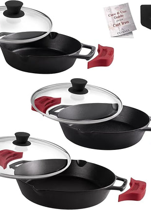 Cast Iron Skillet Set - 8"+10"+12"-Inch Dual Handle Frying Pans + Glass Lids + Silicone Handle Holder Covers - Pre-seasoned Oven Safe Cookware - Indoor/Outdoor Use - Grill, Stovetop, Induction Safe