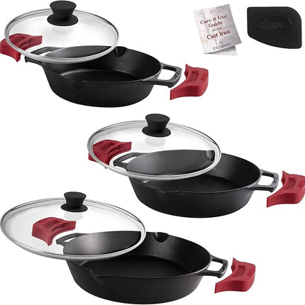 Cast Iron Skillet Set - 8"+10"+12"-Inch Dual Handle Frying Pans + Glass Lids + Silicone Handle Holder Covers - Pre-seasoned Oven Safe Cookware - Indoor/Outdoor Use - Grill, Stovetop, Induction Safe