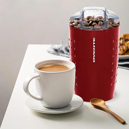 OVENTE Electric Coffee Grinder - Small Portable & Compact Grinding Mill with Stainless Blade for Bean Spices Herb and Tea, Perfect for Home & Kitchen - Maroon CG225M