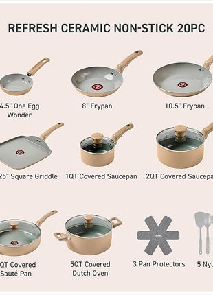 T-Fal Refresh Ceramic Nonstick Cookware Set, 20-Piece, Oven Safe to 350°F, Stockpot, Ceramic Pots and Pans Set, Frying Pans, Griddle, Utensils, Sand Beige