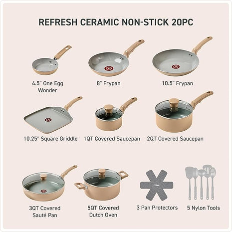 T-Fal Refresh Ceramic Nonstick Cookware Set, 20-Piece, Oven Safe to 350°F, Stockpot, Ceramic Pots and Pans Set, Frying Pans, Griddle, Utensils, Sand Beige