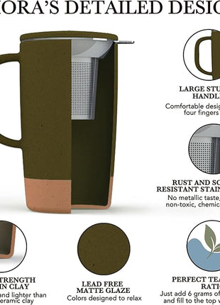 Mora Ceramics Large Tea Mug with Loose Leaf Infuser and Ceramic Lid, 18 oz, Portable, Microwave and Dishwasher Safe, Tall Coffee Cup - Rustic Matte Ceramic Glaze, Modern Herbal Tea Strainer, Olive