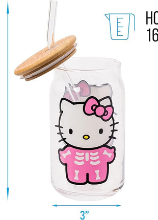 Silver Buffalo Sanrio Hello Kitty Halloween Spooky Skeleton Glass Jar Tumbler with Bamboo Lid and Glass Straw, 16 Ounces