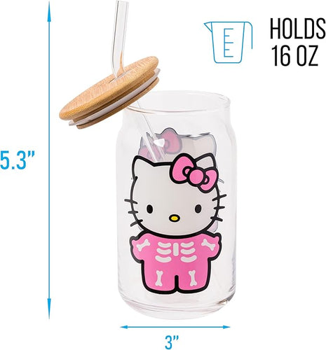 Silver Buffalo Sanrio Hello Kitty Halloween Spooky Skeleton Glass Jar Tumbler with Bamboo Lid and Glass Straw, 16 Ounces