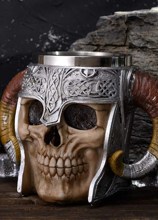 Stainless Steel Double Handle Horn Skull Beer Cup, Viking Warrior Skull Mug Tankard, Medieval Drinkware Mug for Coffee/Beverage/Juice 17oz.