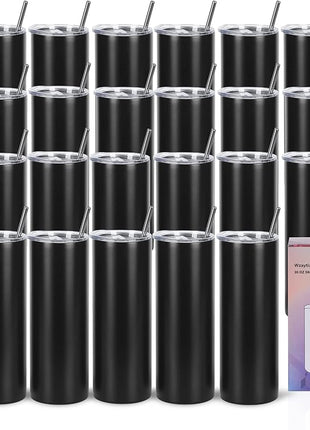 24 Pack 20 Oz Straight Skinny Tumblers,Individually Gift Boxed Stainless Steel Slim Skinny Tumbler Set Bulk, 20 Oz Insulated Slim Thin Travel Tumbler Cup for Diy, Black