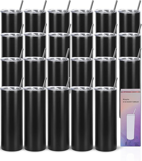24 Pack 20 Oz Straight Skinny Tumblers,Individually Gift Boxed Stainless Steel Slim Skinny Tumbler Set Bulk, 20 Oz Insulated Slim Thin Travel Tumbler Cup for Diy, Black