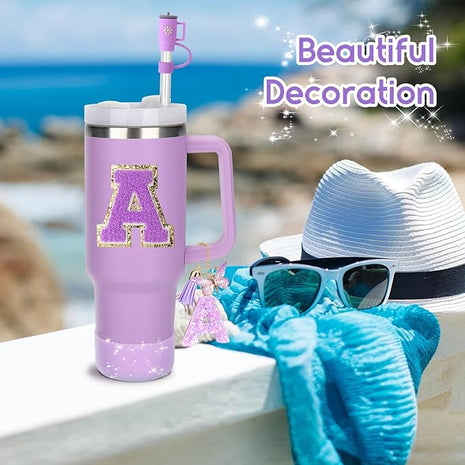 Mity rain 6PCS Cup Accessories Set for Stanley Cup 30oz 40oz tumbler with handle, Including Silicone Straw Topper Cover Cap and Boot, Spill Proof Stopper, Handle Charm, Initials Sticker (Letter A)