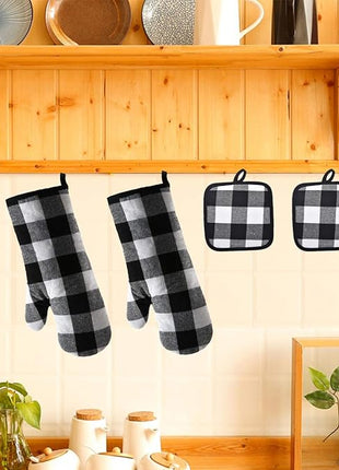 Oven Mitts and Potholders BBQ Gloves-Oven Mitts and Pot Holders with Recycled Infill Silicone Non-Slip Cooking Gloves for Cooking Baking Grilling (4-Piece Set) (Black/White)