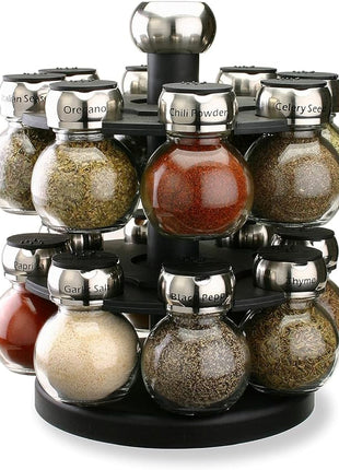 Olde Thompson Since 1944 Orbit Rotating Rack, 16 Refillable Spice Jars, Labeled Shaker Tops, 45, Black, Clear