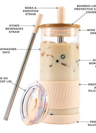 Pandaloo® Glass Cups With Lids and Straws -20 Fl Oz- Perfect Size Iced Coffee Cup - Smoothie Cup With Bamboo Lid and On the go Lid - Glass Tumbler With Straw (1 Count (Pack of 1), Vanilla Cream)