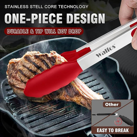 Walfos Kitchen Tongs - 7" 9" and 12" Heat Resistant Cooking Tongs, Stainless Steel and BPA Free Silicone Tips, Great for Cooking, Salad, Grilling, Turning, Dishwasher safe,set of 3