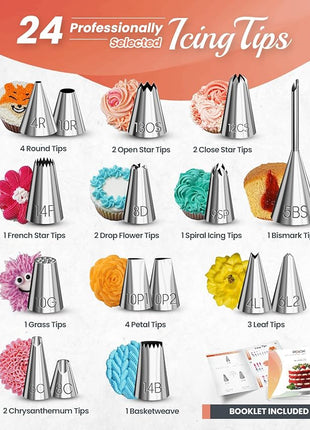 RFAQK 700PCs Cake Decorating Kit with Baking Supplies - Cake Turntable for Decorating with Baking Pans, Leveler, 24 Numbered Piping Tips, 2 Spatulas, Fondant Tools, Video Course, Pattern Chart & More