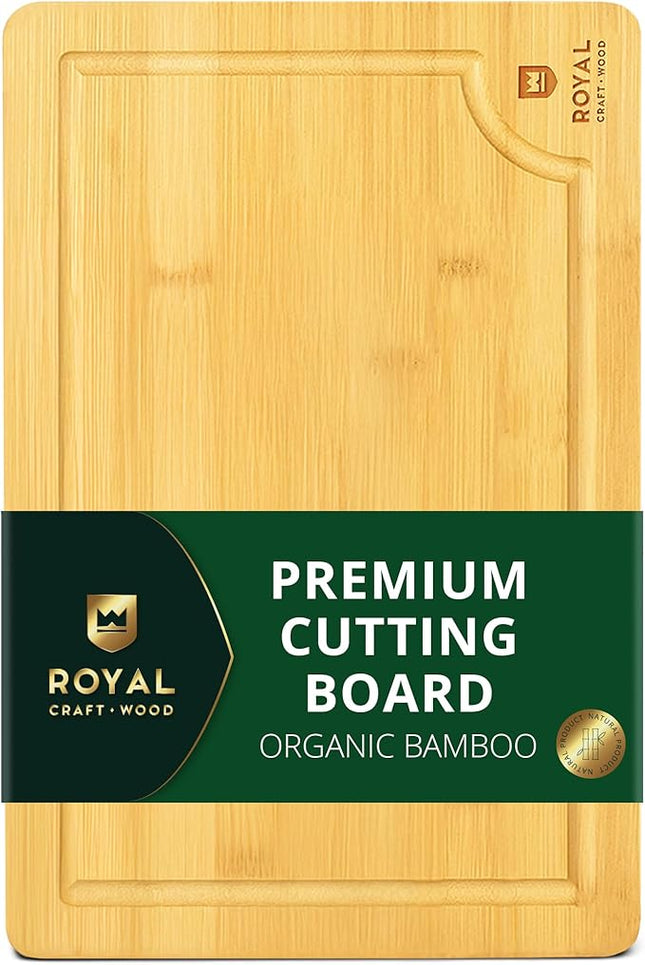 ROYAL CRAFT WOOD Wooden Cutting Boards for Kitchen Meal Prep & Serving - Bamboo Wood Serving Board with Deep Juice Groove Side Handles - Charcuterie & Chopping Butcher Block for Meat