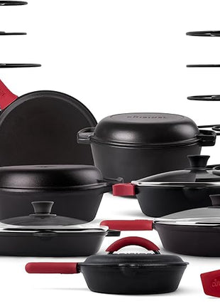 Cuisinel Cast Iron 23-Pc Cookware Set - 8" Skillet + Cast Iron Lid + 12"+Lid + 10" Braiser with Lid + Grill Pan + Lid + Griddle + 5-Qt Dutch Oven + Multi-Cooker + 12"+15" Pan Rack + Scraper + Handles