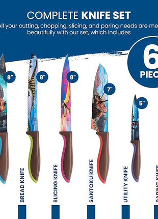 CHEF'S VISION Jurassic Knife Set - 6-Piece Stainless Steel Cutting Knives Set for Kitchen - Stunning Dinosaur Designs, Great Gift for Women or Men - Unique Kitchen Knife Set Gift