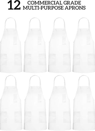 GREEN LIFESTYLE 12 Pack Chef Apron with Pockets – Grilling Aprons for Men, Waterproof Cooking Apron for BBQ, Work or Restaurant Use, Kitchen Aprons for Women with Pockets – White