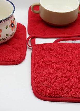 Cotton Pot Holders Cotton Made Machine Washable Heat Resistant Everyday Kitchen Basic Terry Pot Holder, Hot Pads, Trivet for Cooking and Baking Set of 4 (Red)