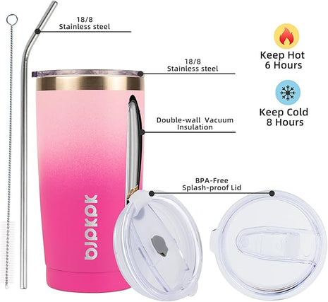 BJPKPK 20oz Stainless Steel Tumbler with Lid And Straw, Double Wall Vacuum Coffee Cup, Travel Mug for Ice Drink and Hot Beverage, Insulation Travel Tumblers Cups,Cherry Blossom