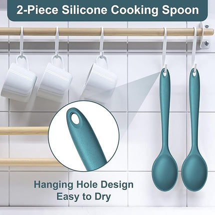 E-far Silicone Cooking Spoon Set of 2, Heat Resistant Kitchen Spoons Utensils Nonstick Mixing Spoon for Baking Stirring Serving, Non-Toxic & Dishwasher Safe (Blue)