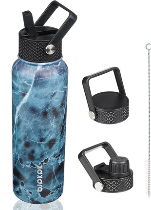 BJPKPK Insulated Water Bottles with Straw Lid, 40oz Stainless Steel Water Bottles with 3 Lids, BPA Free Leakproof Thermo, Tumblers, Cups for Sports, Gym- Ocean