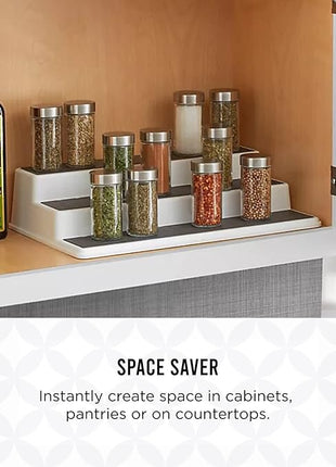 Copco 3-Tier Spice Rack Organizer for Cabinet or Pantry, 10-Inch Non-Skid Tiered Shelf, White/Gray Design Holds Spice Jars, Cans, and Bottles