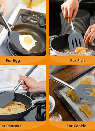 Silicone Spatula Set of 2, E-far Solid & Slotted Turner for Nonstick Cookware, Heat Resistant Rubber Kitchen Cooking Utensils for Flipping Fish Pancake Egg - Grey