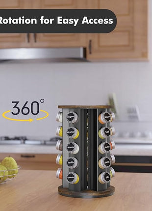New England Stories Revolving Spice Rack Set with 25 Spice Jars, Kitchen Spice Tower Organizer for Countertop or Cabinet - Carousel Storage Includes 386 Spice Labels