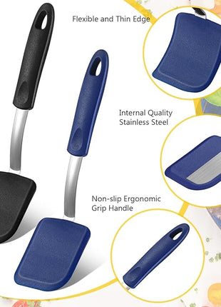 Silicone Cookie Spatula Turner 2 Pack Mini Brownie Spatula Flexible Kitchen Small Silicone Turner for Nonstick Cookware Heat Resistant No Scratch Flipper for Egg Pancake(Black,Blue)