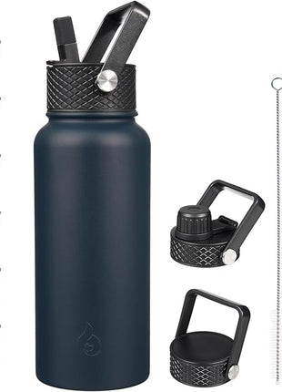 BJPKPK Insulated Water Bottles with Straw Lid, 32oz Metal Large Water Bottle with 3 Lids, Reusable Leak Proof BPA Free Thermo, Stainless Steel Tumblers for Sports, Gym, Travel-Navy Blue