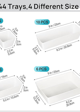 Vtopmart 44 PCS Plastic Drawer Organizers Set, 4-Size Versatile Bathroom and Vanity Organizer Trays, Non-Slip Storage Containers for Makeup, Jewelries, Bedroom，Kitchen Utensils and Office, White