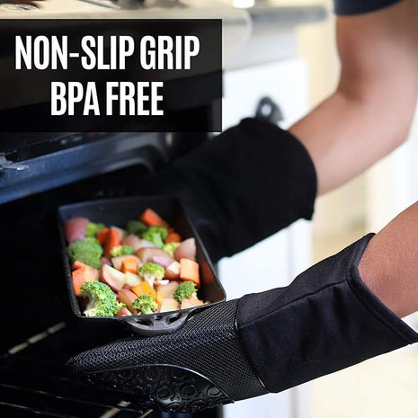 BPA-Free Soft Silicone 4 Piece Oven Mitts & Trivets Set - Ultra Heat Resistant Oven Mitts with Thick Cotton Liner - Long Slip Resistant Pot Holders, Flexible Oven Gloves - Royal Blue