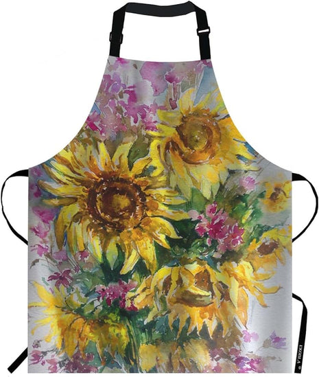 EKOBLA Sunflowers Aprons Abstract Bright Colored Floral Handmade Romantic Bouquet Nature Waterproof Resistant Chef Cooking Kitchen BBQ Adjustable Aprons for Women Men 27x31 Inch