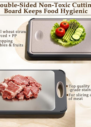 GUANCI Cutting Board for Kitchen, Stainless Steel Cutting Board Double Sided for Chopping Meat/Vegetables, Stainless Steel/Wheat Straw PP, Kitchen Gifts Easy to Clean Large 16”×11”