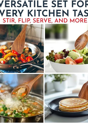 Teak Wooden Utensil Set 6-Piece - Smooth Finish Wooden Spoons for Cooking - Comfortable Grip, Non Scratch Premium Kitchen Wooden Cooking Utensils Set Teak Wood Cooking Utensils