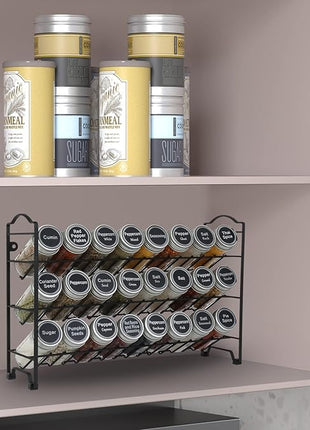 SWOMMOLY 3 Tier Spice Rack Organizer with 24 Empty Round Spice Jars, 396 Spice Labels, Funnel and Chalk Marker Complete Set, Black