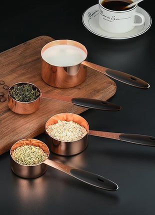 Joyhill Copper Measuring Cups and Spoons Set of 10 Piece, Stainless Steel Nesting Measuring Cup Set with Soft Touch Silicone Handles for Dry and Liquid Ingredients