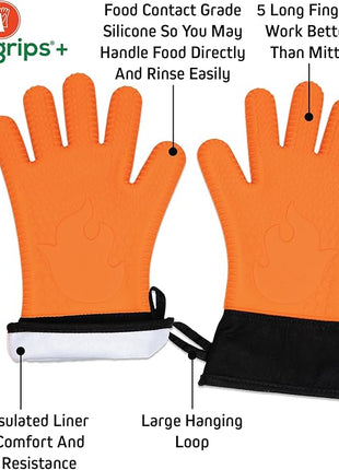 Ekogrips Plus Oven Gloves with Fingers, Comfy Waterproof Silicone Oven Mitts Heat Resistant with Long Cuff, Insulated BBQ Gloves Perfect for Grilling, Baking, Smoker, Canning, and Pizza, Black, OSFM