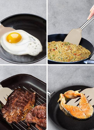 Silicone Spatula and Cooking Spoon,5 Pack Non-Stick Cooking Utensils for Kitchen，Heat Resistant Solid & Slotted Spoons and Spatulas, Stainless Steel Handle Coated with Silicone, Khaki